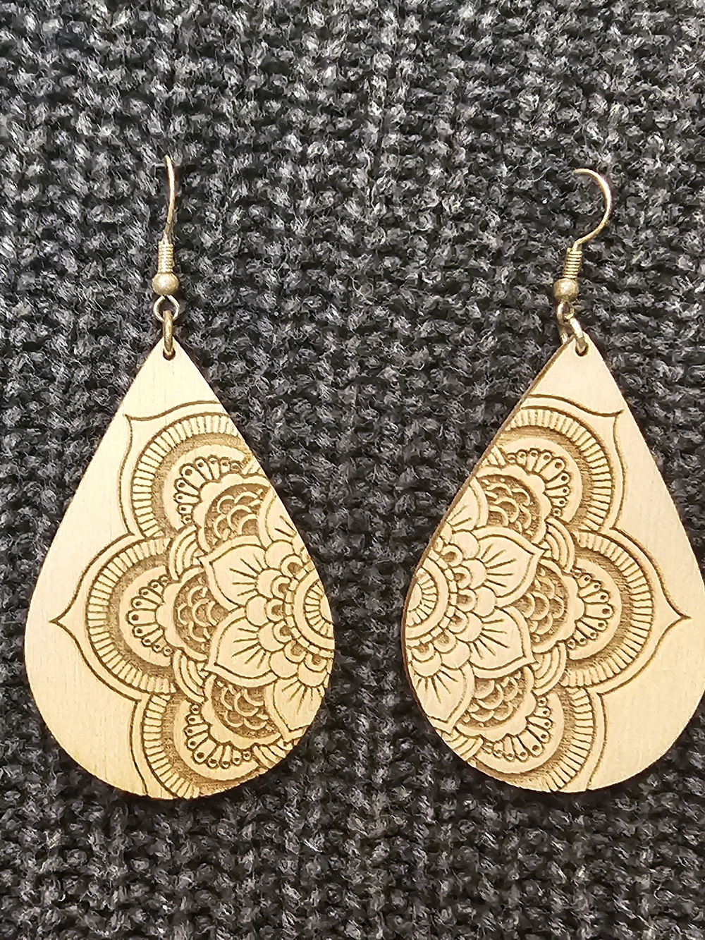 Boho Mandala Wooden Teardrop Earrings Laser Engraved Artisan Statement Jewelry